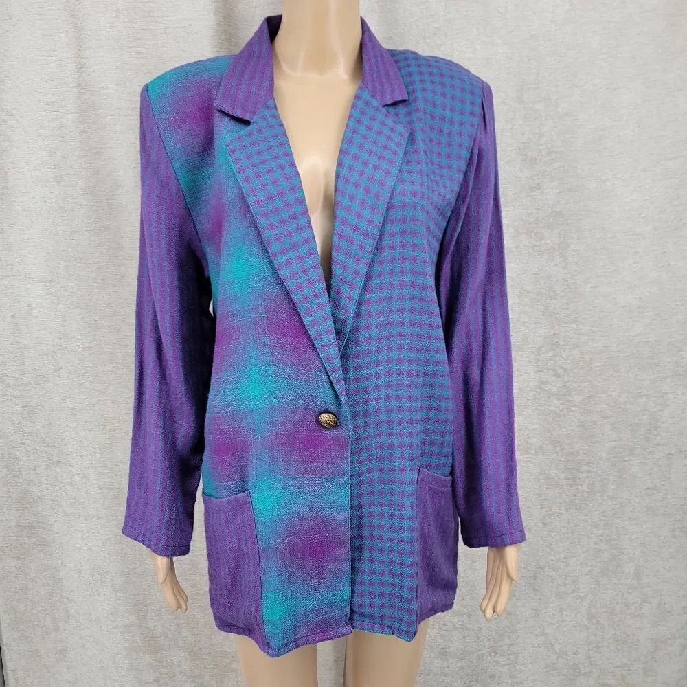 SMW 80's Purple Teal Fran Fine Artsy Blazer Gingham Plaid Stripes